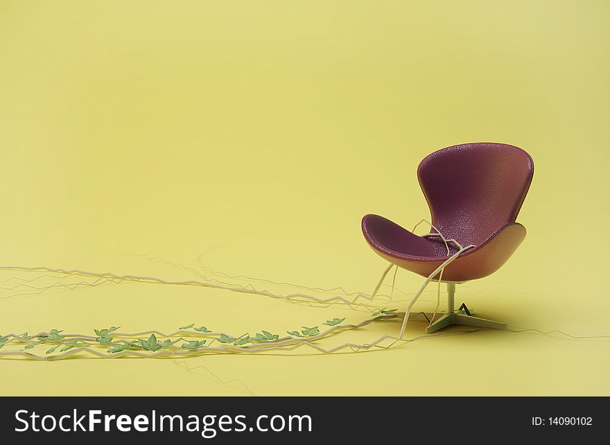 Purple leather chair entwined with ivy on a yellow background