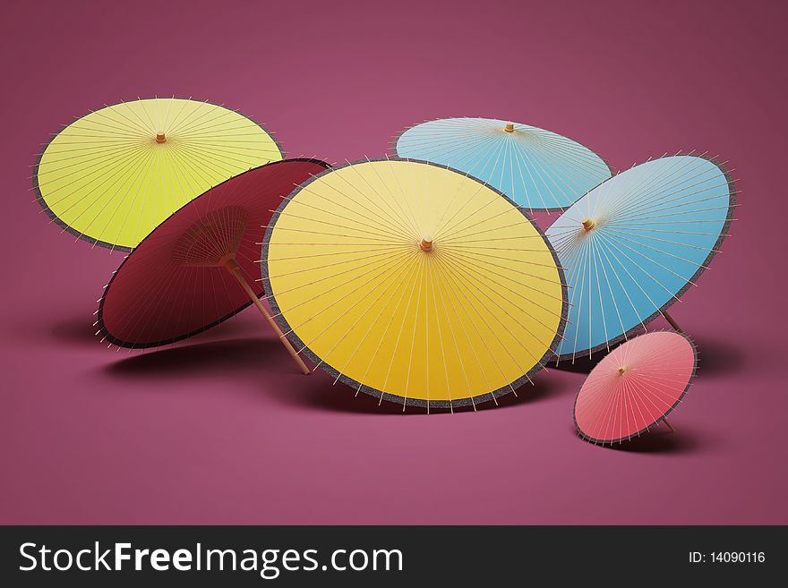 Colored umbrellas on a purple background