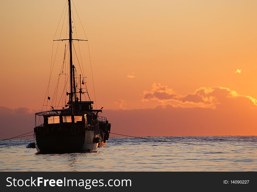 The ancient ship in the sea