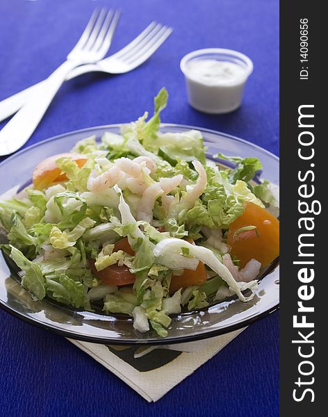 Fresh salad with shrimp and tomato on plate