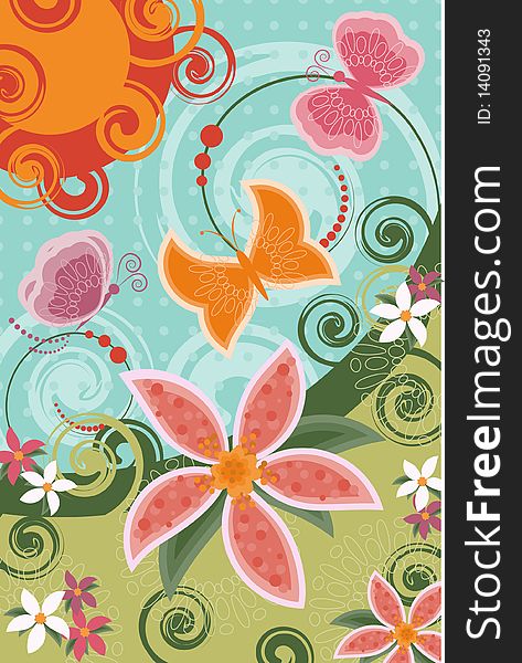 Invitation card with butterflies, flowers and sun. Invitation card with butterflies, flowers and sun