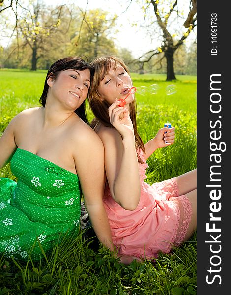 Female friends in park blowing soap bubbles. Female friends in park blowing soap bubbles