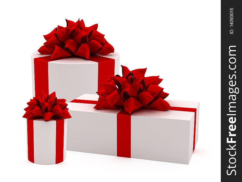 White gifts with red ribbons and bows isolated. White gifts with red ribbons and bows isolated