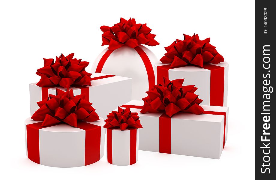 White gifts with red ribbons and bows isolated