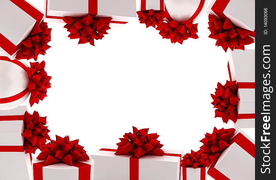 Frame from white gifts with red ribbons