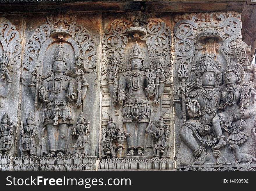 Ancient sculptures in ruins at an indian temple