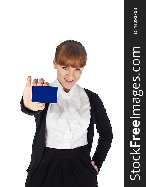Young businesswoman hold copy space business card. Young businesswoman hold copy space business card