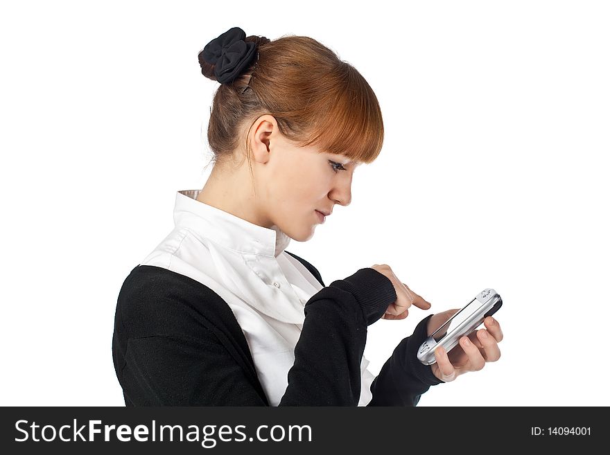 Female using mobile organiser isolated on white background. Female using mobile organiser isolated on white background