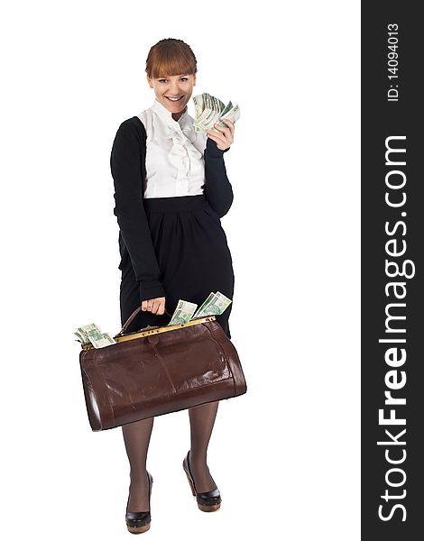 Young businesswoman with full cash bag. Young businesswoman with full cash bag
