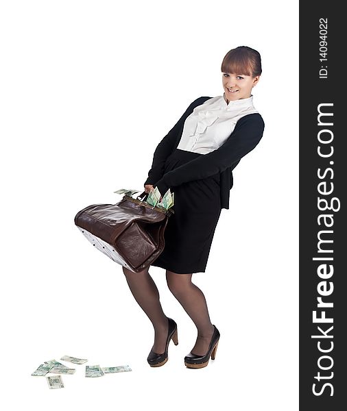 Young businesswoman with full cash bag. Young businesswoman with full cash bag