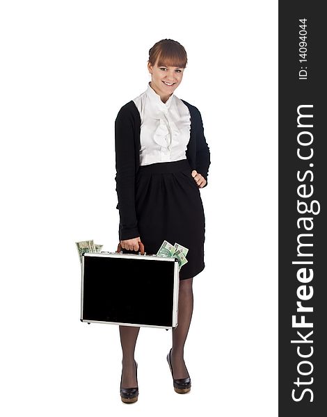 Image of a woman holding a briefcase overflowing with money. Image of a woman holding a briefcase overflowing with money