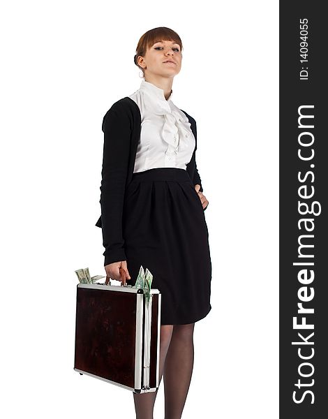 Image of a woman holding a briefcase overflowing with money. Image of a woman holding a briefcase overflowing with money