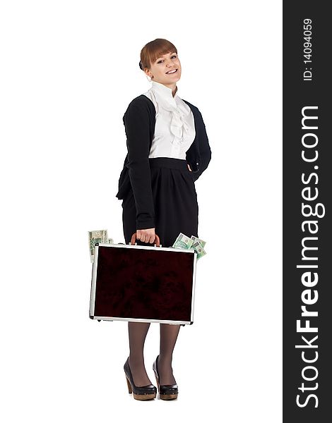 Image of a woman holding a briefcase overflowing with money. Image of a woman holding a briefcase overflowing with money