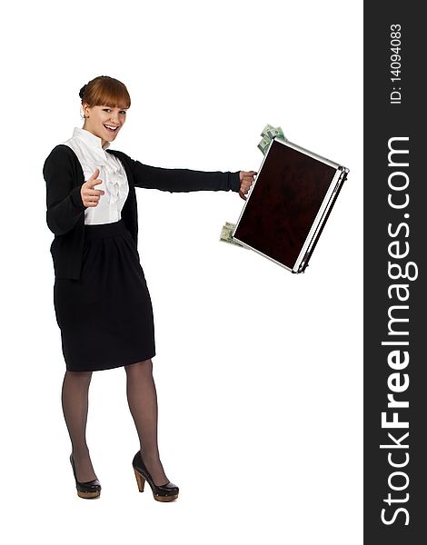 Image of a woman holding a briefcase overflowing with money. Image of a woman holding a briefcase overflowing with money