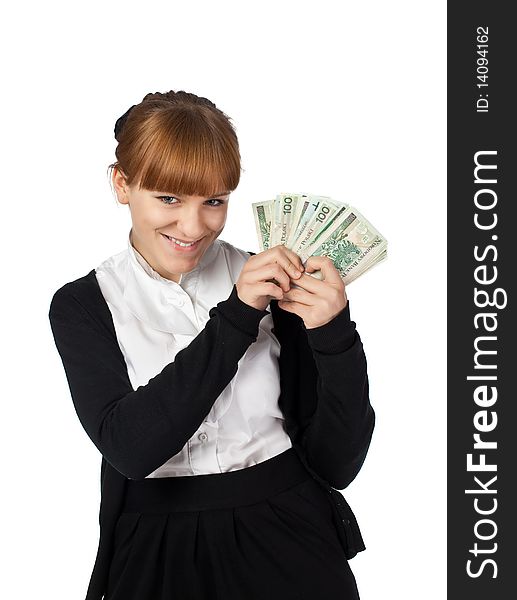 Beautiful girl with a pack of Poland money in a hand. Beautiful girl with a pack of Poland money in a hand