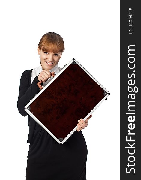 Image of a woman holding a briefcase isolated on white background. Image of a woman holding a briefcase isolated on white background