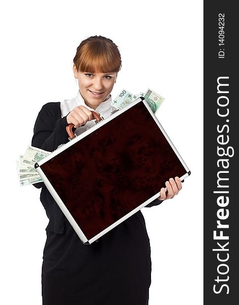 Image of a woman holding a briefcase overflowing with money. Image of a woman holding a briefcase overflowing with money