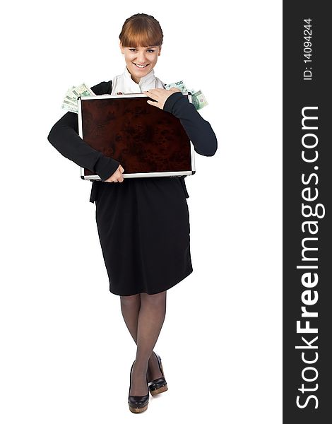 Image of a woman holding a briefcase overflowing with money. Image of a woman holding a briefcase overflowing with money