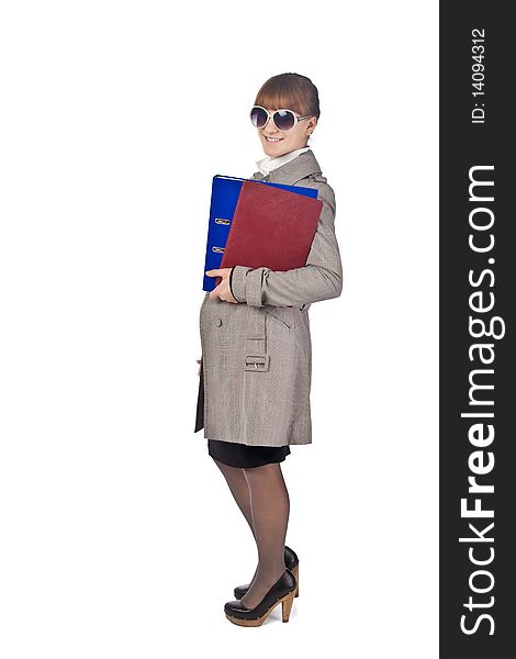 Businesswoman with book in black suit isolated on white background. Businesswoman with book in black suit isolated on white background