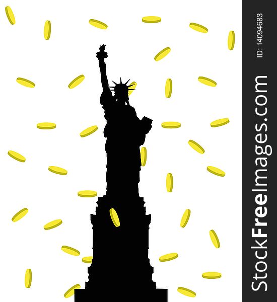 Vector silhouette of a Statue of Freedom on a background of gold coins. Vector silhouette of a Statue of Freedom on a background of gold coins
