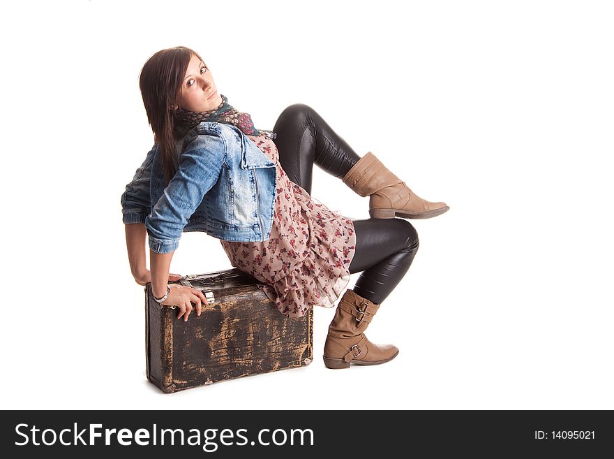 Girl with baggage on white background photo