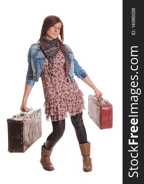 Girl with baggage on white background photo