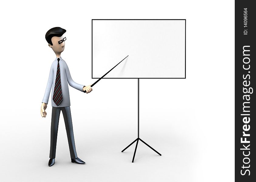 A stylized business men with a pointer at the blank billboard. A stylized business men with a pointer at the blank billboard