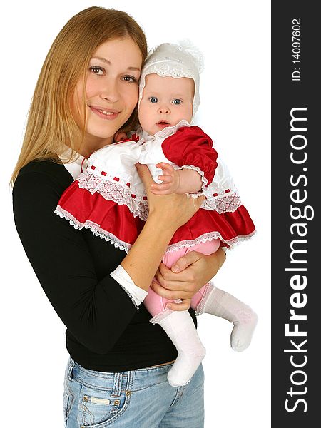 Young  mother with baby girl on white background