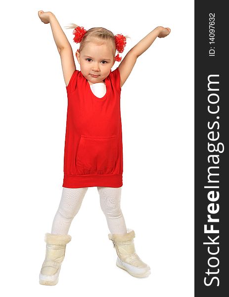 Little funny girl in red dress on white background