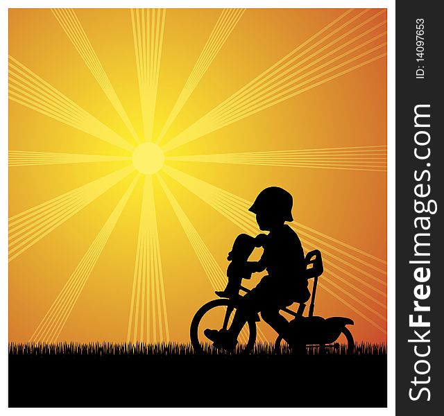 Illustration of a silhouette of a boy. He sits on the bike. Above it, the sun shines brightly. Illustration of a silhouette of a boy. He sits on the bike. Above it, the sun shines brightly.
