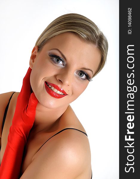 Elegant Beauty Female Face With Red Shiny Lips