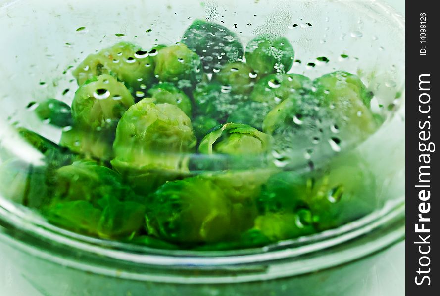 Hot brussels sprouts in glassware. Hot brussels sprouts in glassware