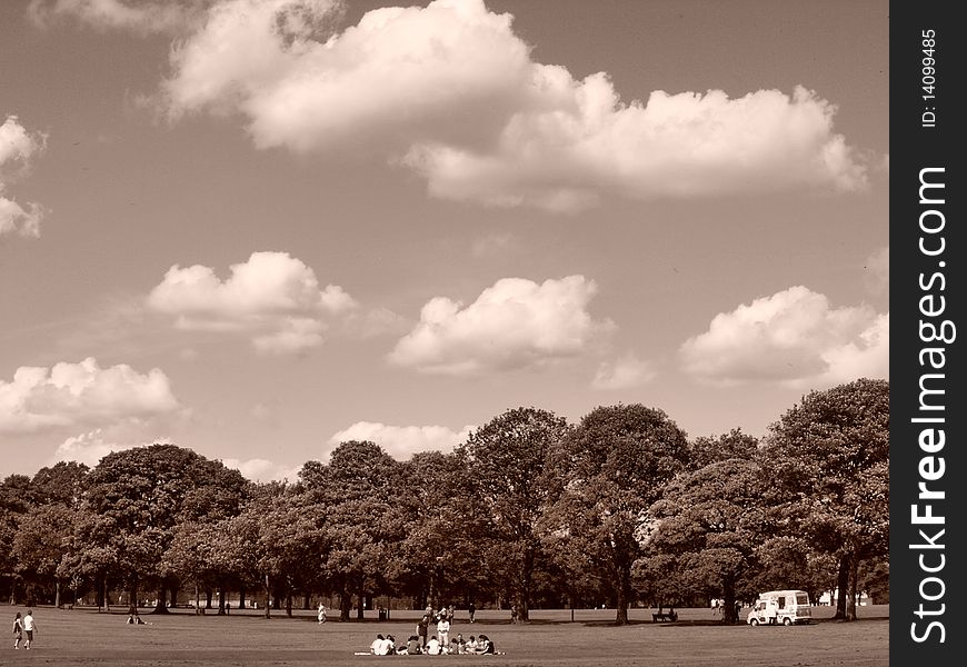 Sepia view of a park with nice clouds. Sepia view of a park with nice clouds.