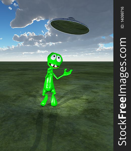 A little green alien with a UFO flying overhead. A little green alien with a UFO flying overhead