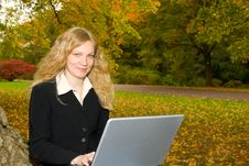 Woman With Laptop In Park. Royalty Free Stock Images Woman With Laptop In Park. Royalty Free Stock Images