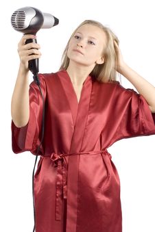 Young Woman Dressed Red Bathrobe Using Hair Drier Royalty Free Stock Image Young Woman Dressed Red Bathrobe Using Hair Drier Royalty Free Stock Image