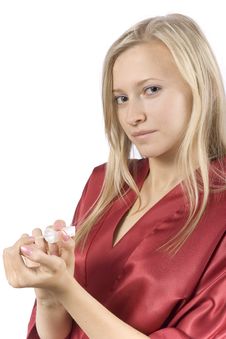 Young Woman Dressed Red Bathrobe Painting Nails Stock Image Young Woman Dressed Red Bathrobe Painting Nails Stock Image