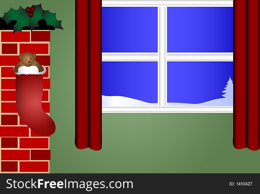 Looking out a window at a snowy landscape, inside a stocking with a teddy bear hangs from a fireplace. Looking out a window at a snowy landscape, inside a stocking with a teddy bear hangs from a fireplace.