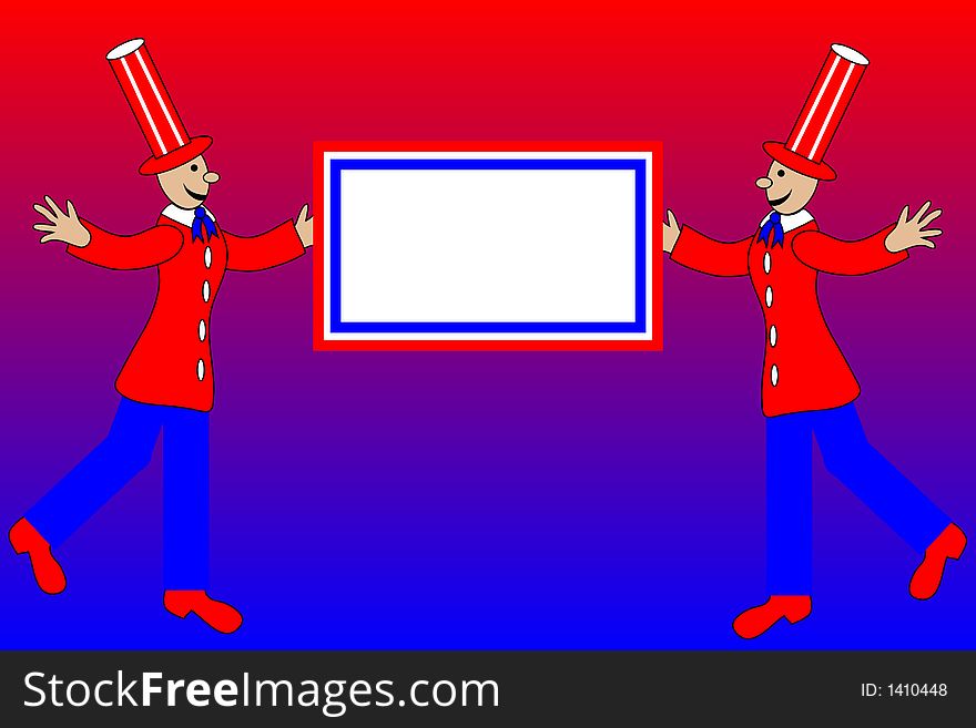 Two patriotic cartoon figures holding an announcement box to be filled in with your own text. Two patriotic cartoon figures holding an announcement box to be filled in with your own text.