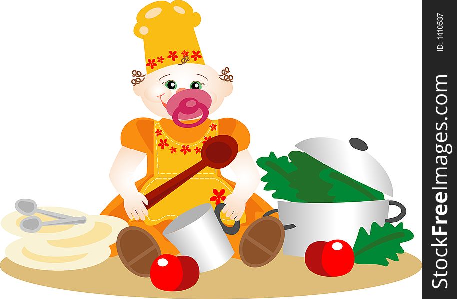 Young disguised baby of cook, with apron and cap; playing with pots and vegetables