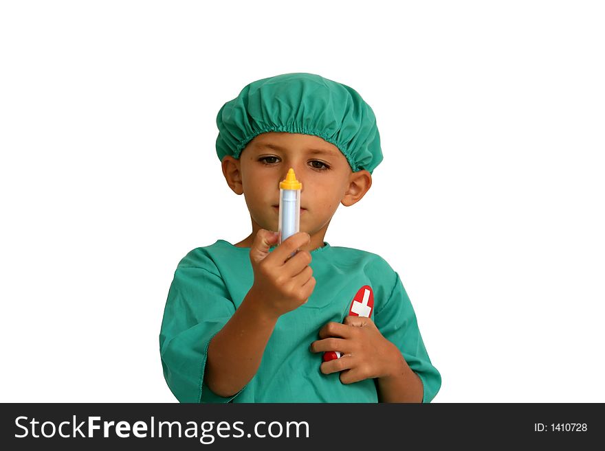 Kid dressed as a surgeon with syringe