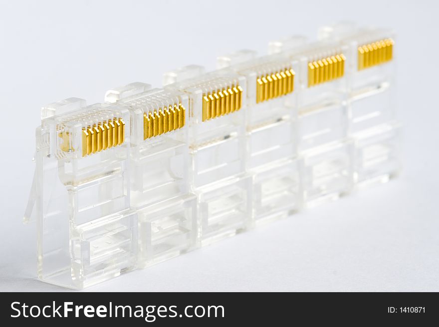 Six network connectors on a white background