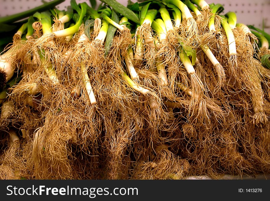 Green onions on display at vegetable market