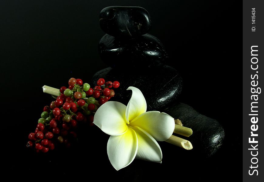 Japanese zen composition whit white flower and black stones. Japanese zen composition whit white flower and black stones