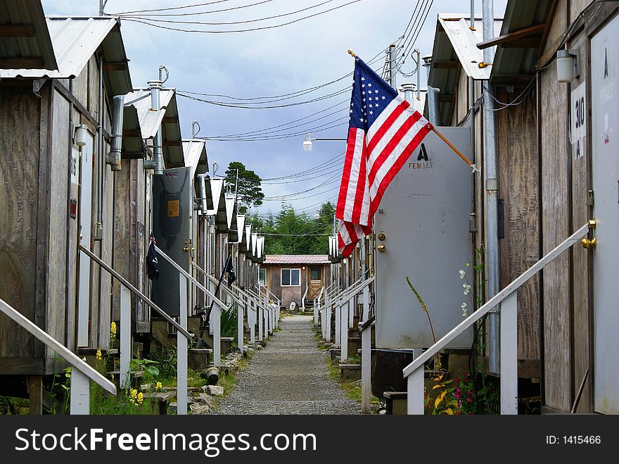 Small american town with the national flag