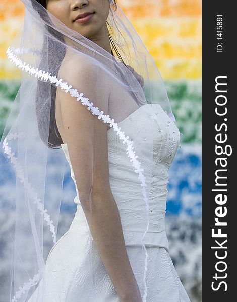 An asian wedding bride posing in the park.