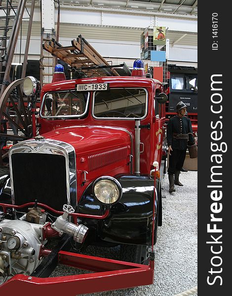 Vintage fire truck in a technical museum. Vintage fire truck in a technical museum
