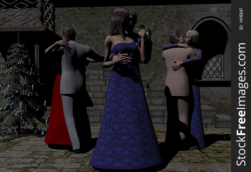 3 couples dancing on a moonlit patio. 3D models, computer generated. 3 couples dancing on a moonlit patio. 3D models, computer generated.