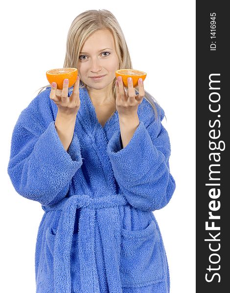 Young blonde woman with halfs of orange (pure white background)