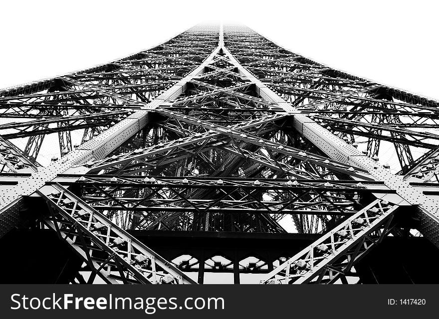 Close-up of Eiffel Tower in high contrast black and white - Paris, France. Close-up of Eiffel Tower in high contrast black and white - Paris, France